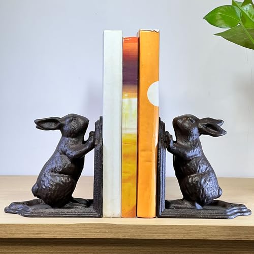SUYAUU Decorative Bookends for Shelf, Cast Iron Cute Rabbit Bookshelf, Bunny Heavy Duty Book Stands Vintage Antique Shelf Decor for Reading Enthusiasts 2 Pcs, Pure Black