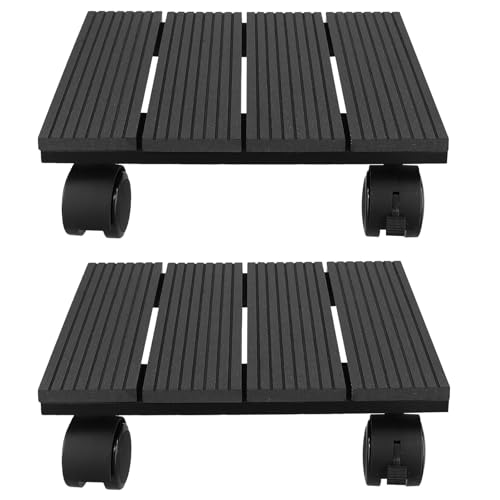 CHUENKUK 2 Stück Pflanzenroller Eckig, 30 x 30 x 7,5cm Schwarz Pflanzenroller, Wetterfester Blumentopf Untersetzer mit Rollen für Garten, Terrasse