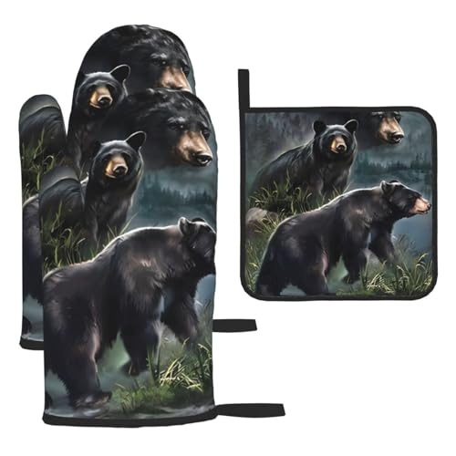 Black Bear Oven Mitts and Pot Holders Set Heat Resistant Oven Mitts and Potholders BBQ Gloves Hot Pads Cooking Gloves for Kitchen Baking Grilling 3-Piece Set Black Bear Oven Mitts and Pot Holders Set Heat Resistant Oven Mitts and Potholders BBQ Gloves Hot Pads Cooking Gloves for Kitchen Baking Grilling 3-Piece Set