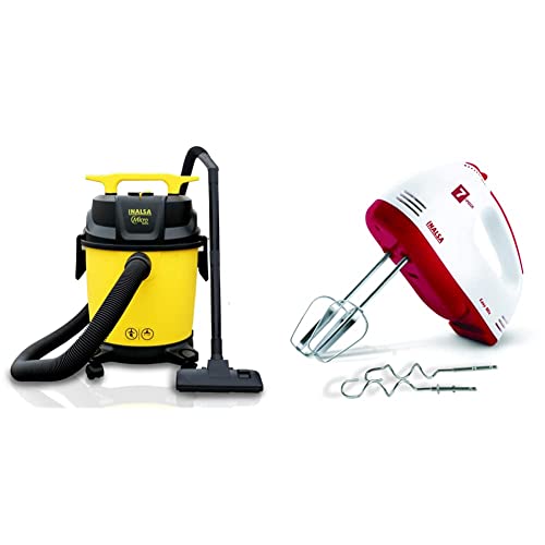 Inalsa Vacuum Cleaner Wet&Dry Micro Wd10-1000W with 3In1 Multifunction Wet/Dry/Blowing| 14Kpa Suction&Impact Resistant Polymer Tank,(Yellow/Black) Hand Mixer Easy Mix,(White/Red),Cloth, 10 Liter