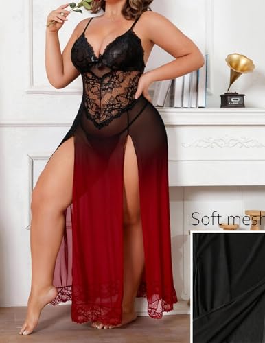 Image of Alrovetoney Plus Size Lingerie For Women Babydoll Sexy Mesh Maxi Nightdress Exotic Sleepwear Side Slits