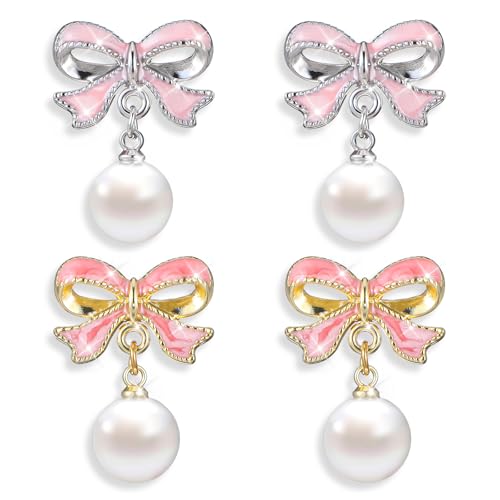 Gold Bow Earrings for Women Pearl Bow Earrings Trendy Pink Drop Stud 2 Pairs Ribbon Silver Earring Dangle Jewelry Long Tassel Chain Drop Earring Bowknot Stud Wedding Party Daily Accessory Gifts