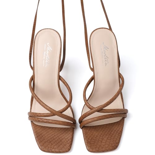 Image of Mostrin Womens Sandals Strappy Heels for Women Lace Up Square Open Toe Heels Tie Up High Heeled Sandals for Prom, Party, Daily Wear