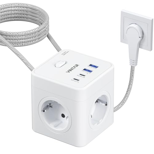 VINATR Cubo Enchufe 8 en 1，Ladron Enchufes 3680W，Cubo Enchufes Múltiples Pared con 4 Tomas de CA y 4 USB，Enchufe USB Pared con Interruptor para Hogar Oficina Viajes