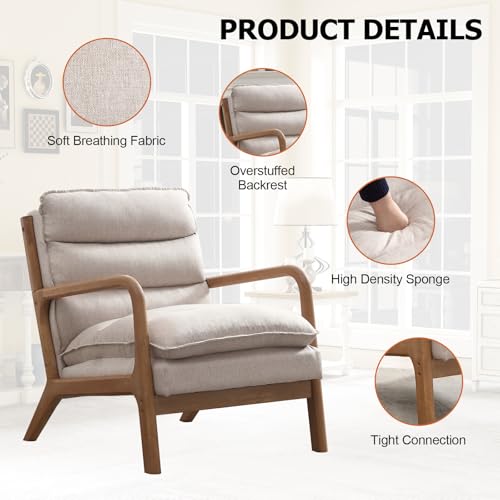 Phoenix Home Accent Chair Mid Century Lounge Chair Linen Fabric, Upholstered Reading Armchair with Lumbar Pillow & Solid Wood Frame for Office, Living Room Bedroom, Balcony, Beige by Phoenix Home - Image 4