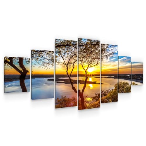 Startonight Grande quadro sobre tela pôr-do-sol no lago, impressão de qualidade fotográfica emoldurada e pronto para pendurar moderna decoração XXL formato multi-painel 7 peças 100 x 240 cm