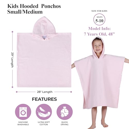 Image of Superior Kids Cotton Terry Poncho, Soft, Absorbent Bath Towel with Hood, Bathroom Accessories, Long, Plush Bathrobes for Bath, Shower, Spa, Resort, Beach, Pool, Boy, Girl, Small /Medium Size, Pink