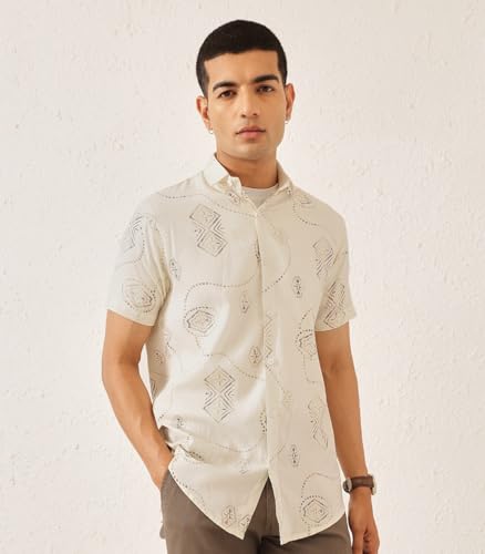 Image of Majestic Man Men's Slim Fit Pure Cotton Printed Casual Shirt - Short Sleeve | Premium Breathable Fabric | Modern Geometric Design