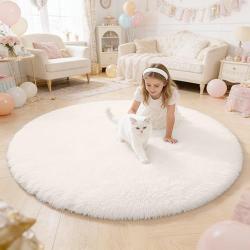 Image of OLANLY Ivory Round Rugs for Bedroom - Machine Washable, 4 ft Circle Area Rugs for Living Room, Soft and Fluffy Shaggy Carpet for Teen Girls and Boys, Nursery Rooms, Dorms, Home Decor Aesthetic