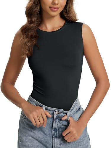 ODODOS Women's Double Layer Sleeveless Tee Ultra-Soft Lightweight Crew Neck Basic T-Shirts Slim Fit Tank Top