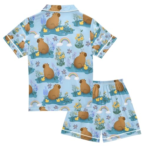 senya Duck Capybara on Pond Satin Summer Pajama Sets Silk Short Sleeve Button Down Sleepwear2