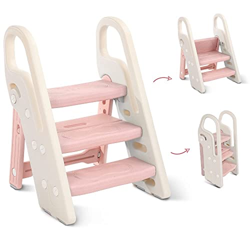 Onasti Taburete Plegable de Tres peldaños para niños, Escalera de 3 peldaños para niños, Asiento de Entrenamiento para Inodoro, multifunción, Ajustable en Altura, Antideslizante (Rosa)