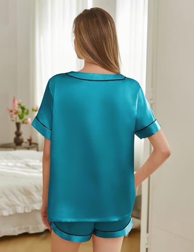 Image of Silk Pajamas for Women Short Sleeve Satin 2 Piece Pj Set Soft V Neck Sleepwear Loungewear, S-XXL