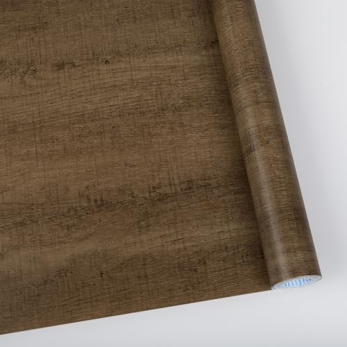 Abyssaly Wood Effect Vinyl Wrap Self Adhesive Wallpaper for Furniture, Dark Brown Wood Sticky Back Plastic Roll, Oak Wallpaper for Desk, Kitchen Worktop, Windowsill 40cm X 300cm