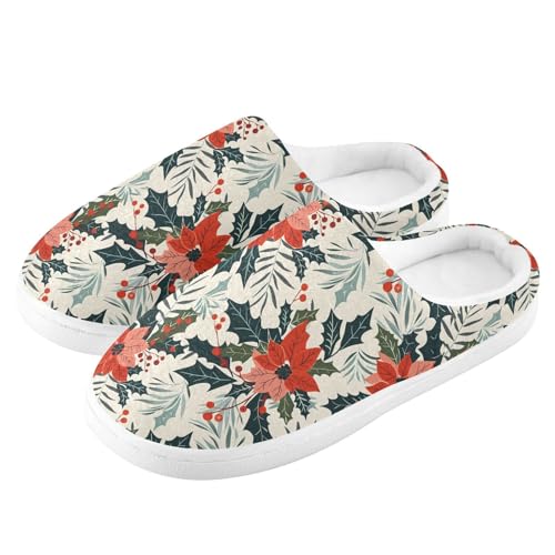 Fuzzy Memory Foam Slippers for Women/Men Retro Christmas Poinsettia Pattern Fluffy Winter House Shoes Indoor and Outdoor4