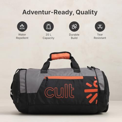 Image of Cultsport 35L Gym /Duffle Bag for Men & Women | Water-Resistant Sports Travel Bag with Shoe Compartment, Adjustable Shoulder Strap, Side Pocket & Spacious Main Storage - Grey Orange