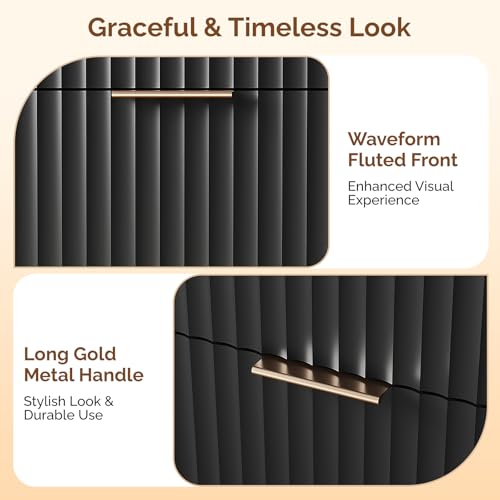 Image of VINGLI Black Dresser 9 Drawer, Fluted Dresser with Rounded Edges, 57 inch Long Modern Dressers for Bedroom, Black and Gold, 57 inch W*15.75 inch D*29.92 inch H