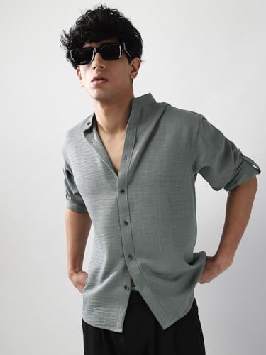 Image of Urbano Fashion Men's Linen Blend Full Sleeve Relaxed Fit Mandarin Collar Casual Solid Shirt