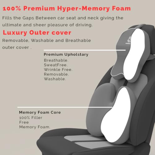Image of MRRON Orthopedic Memory Foam Lumbar Backrest & Neck Rest Cushion for Car Seat - Ergonomic Car Back & Neck Support Pillow Combo - Pain Relief for Long Drives, Sciatica, Posture (Grey, BacKpro)