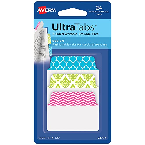 Image of Avery Multiuse Ultra Tabs, 2 inch x 1.5 inch, 2-Side Writable, Assorted Designs, 24 Repositionable Tabs (74774)