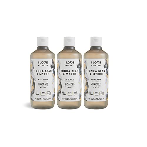 I LOVE Naturals Tonka Bean & Myrrh Nourishing Body Wash - Patchouli & Myrrh Oils, Gentle Cleanser with Essential Oils, Vegan, Moisturising & Scented for Silky Smooth Skin 3 x 500ml