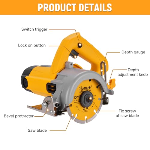 Image of Hoteche 4-3 /8-Inch Dry /Wet Masonry&Tile Saw 1300W Electric Cutter for Stone, Ceramic and Marble Cutting(Tool Only)