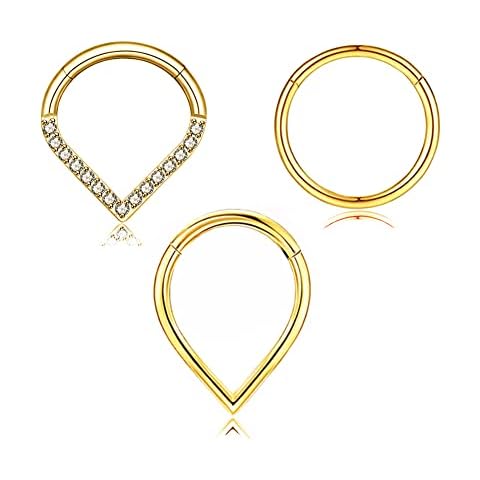 MeiziQL 16G Nose Septum Rings Gold Teardrop Septum Ring,Surgical Steel Septum Clicker Ring 10mm Hypoallergenic Cute Daith Cartilage Earrings for Women Men (CZ Teardrop Gold 10mm) Cover