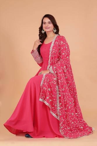 Image of ROYALICA Women's Georgette Gown Set with Solid Pattern Floor Length Round Neck Fit & Flare Full Sleeves Gown Pant and Embroidery Work Dupatta | Anarkali Gown Set for Women