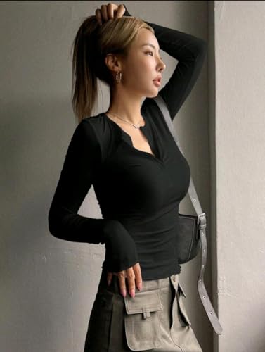 Image of Casual Regular Sleeves Solid Women Tops Henley Neck Top
