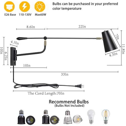 Image of 33 inch Large Black Rotatable Movable Long Pole Swing Arm Wall Sconce | Adjustable Direction Dual Power Modes Hardwired /Plug in Wall Light, Vintage Industrial Wall Lamps for Living Room Bedroom