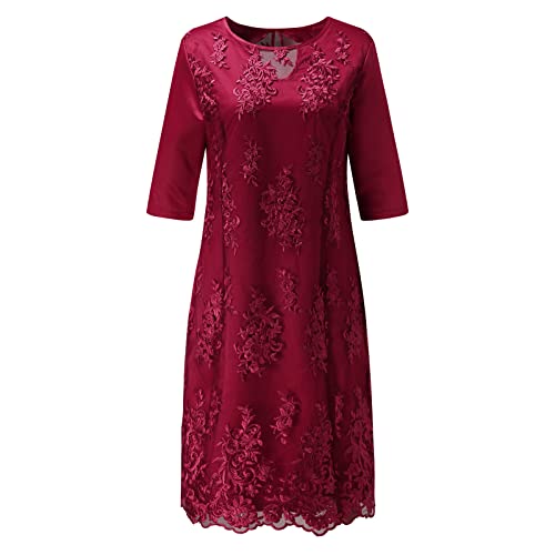 Haoricu Plus Size Dress For Women Wedding Guest Summer, Lace Half Sleeve Knee Loose Straight Length Cocktail Swing Dress Red #TOP5