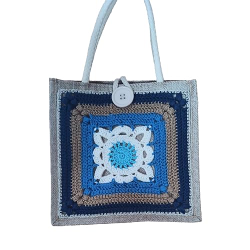 Bolso Rafia Natural. Handmade. Bolso de Crochet Hecho a Mano. Bolso Ganchillo. Bolso Cuadros Granny. Bolsa Pequeña Pero Gran Capacidad. Bolso con Forro impermeable. (Azul)