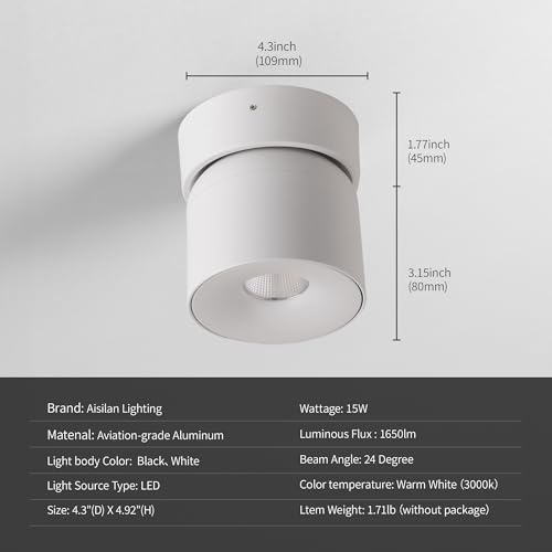 Image of Aisilan 15W LED Dimmable Ceiling Spotlight, Adjustable Directional Surface Flush Mount Lighting, Wall Spot Lights Indoor Accent Fixture for Art Picture Gallery Paintings, 3000K, White