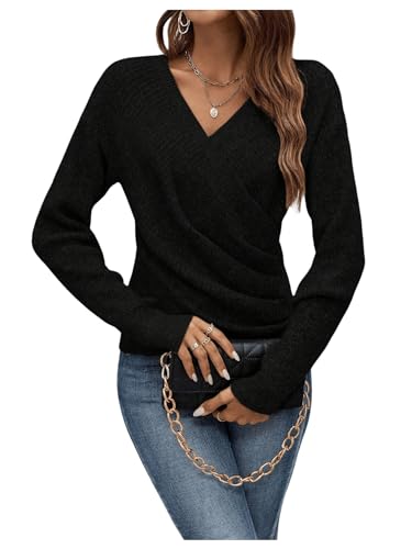 Image of SOLY HUX Women's V Neck Long Sleeve Off Shoulder Sweaters Criss Cross Wrap Ruched Pullover Fall Tops
