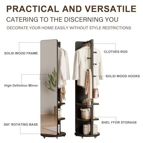 Image of WoodsWhisper Full Length Mirror Coat Rack Solid Wood Floor Mirror 66 inchx12 inch Full Length Mirror with Stand Long Mirrors for Bedroom,Living Room (Black-Mobile, 66 inch Lx12 W)