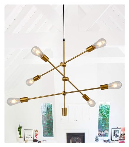 6-Light Sputnik Chandelier Contemporary Pendant Lights Brushed Brass Ceiling Light Fixture Modern Linear Hanging Lamp for Living Room Bedroom Dining Room Kitchen Hallway
