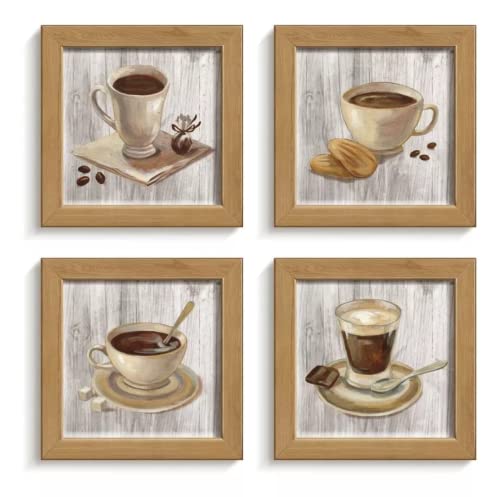 Kit 4 Quadros Decorativos Café Caneca Cozinha Copa Cafeteria Padaria Kit