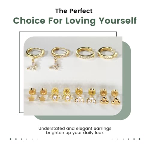 6 & 8 Pairs Stainless Steel Earrings 14K Gold Plated Flat Back Stud Earrings for Women Men Multiple Style Lightweight Dainty Trendy Jewelry Star Triangle Sun Dangle Huggie Hoop Earring Stacks2