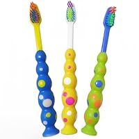 3 Pack Kids Toothbrushes with Medium Bristles Gentle On Gums | Easy Grip Handles for Confident Brushing | Bright Colours Encourage Healthy Habits | Strong Suction Base | Suitable for Children Aged 3+