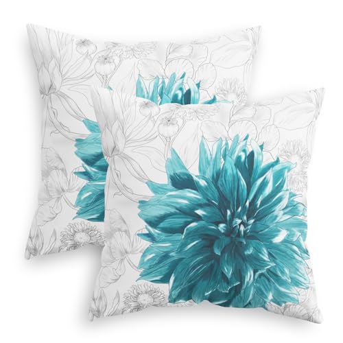 CaliTime Throw Pillow Covers Decorative 18 X 18 Inches Pack of 2 Cozy Fleece Colorful Dahlia Flower Simple Strokes Flora Background Cushion Cases for Couch Bed Sofa Farmhouse Decoration Teal Grey