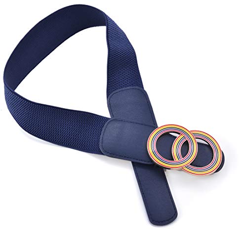 Women’s Elastic Stretch Wide Waist Belts w Double Rings Rainbow Buckle3