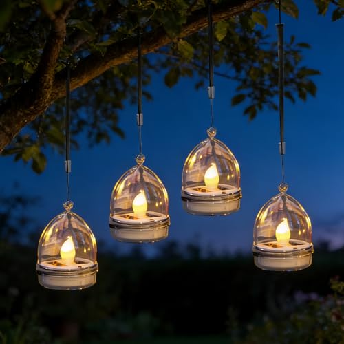 WRQIOO Juego de 4 lámparas solares para colgar de cristal, lámparas solares para exteriores, resistentes al agua, LED para primavera, verano, decoración para jardines, patios, vallas, árboles
