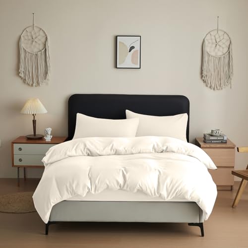 Anti-Allergy Anti-Bacterial Brushed Soft Touch Microfibre Duvet Cover & Pillowcase/s Bedding Bed Linen Set (Cream, Double)