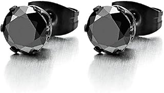 6MM Black Cubic Zirconia Mens Ladies Black Stud Earrings Stainless Steel, 1 Pair