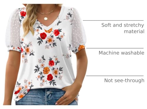Image of Aokosor Womens Summer Tops V Neck T Shirts Swiss Dot Puff Sleeve Tops Loose Casual Tshirts