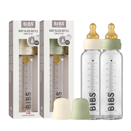 Image of BIBS Glass Bottle, 7.6 oz, 2-Pack, Natural Rubber Nipple, Ivory /Sage