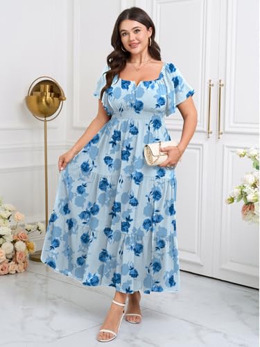 Image of SCOMCHIC Womens Plus Size Maxi Dress Formal Short Sleeve Square Neck Smocked Side Split Flowy A Line Tiered Long Dress
