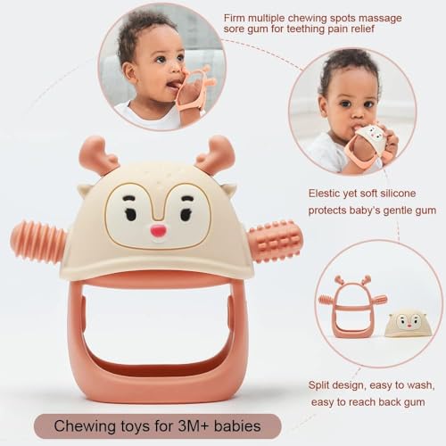 Image of Baby Teething Toy Silicone Teething Mitten for Babies Over 3 Months Anti Dropping Wrist Hand Teethers Baby Chew Toys for Sucking Needs, BPA Free Penguin & Reindeer (Forest Green + Orange)