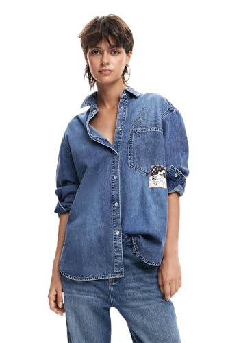 Desigual T- Shirt tissé à Manches Longues pour Femme Blouse, Bleu, X-Small