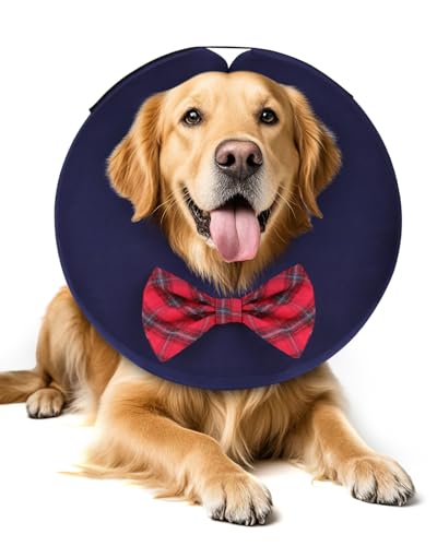 Image of MIDOG Inflatable Dog Cone, Soft Donut Recovery Collar, Bow Tie, X-Large | Neck 21-24in, inflatable PVC bladder, nylon cover machine-washable, post-surgery anti-lick, thread collar loops